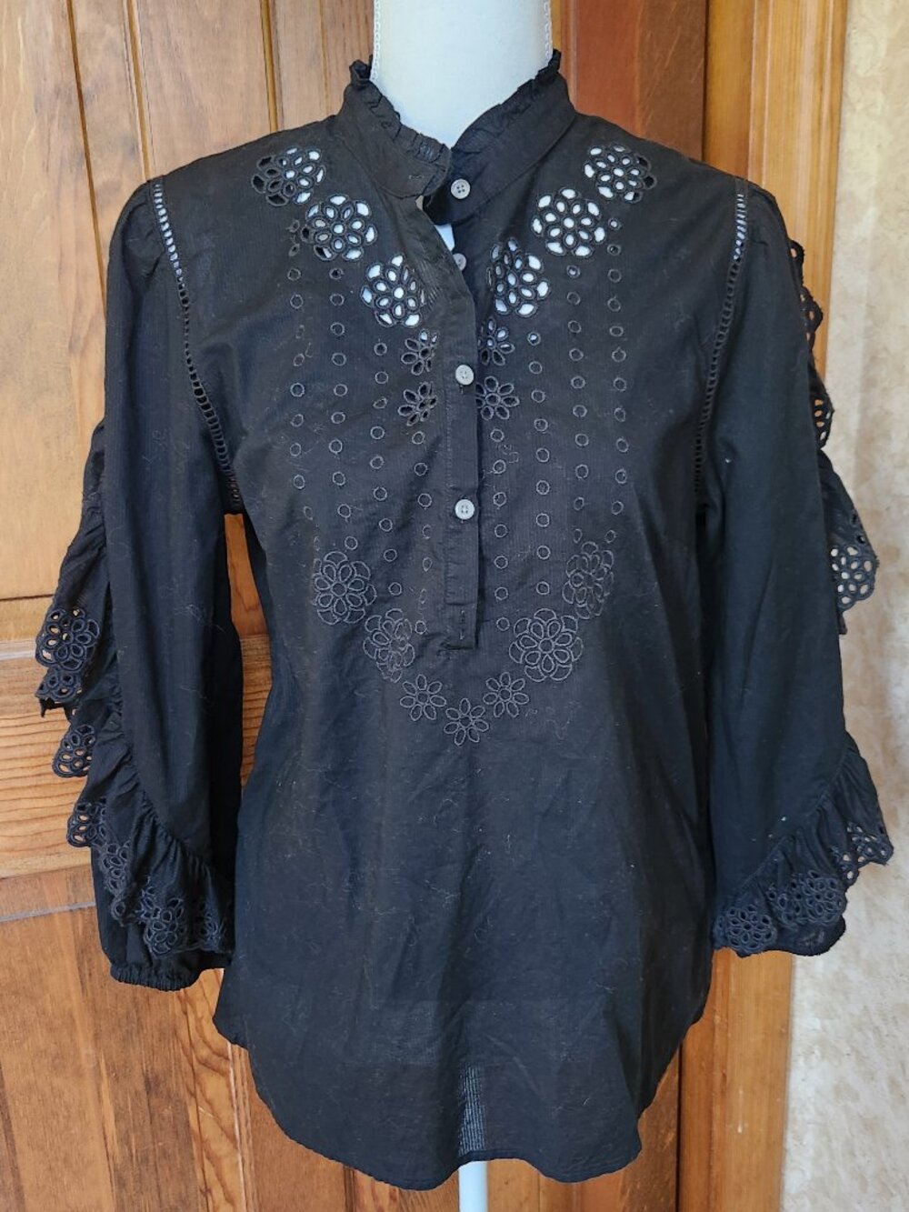 J Crew Ruffle-sleeve Top Blouse Embroidered Eyelet Black Western Goth Cotton S